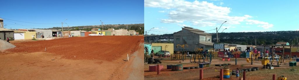 Praça do Ipê, em Buritizinho, na região de Sobradinho II, antes e depois de um mutirão comunitário organizado pelos arquitetos e urbanistas do escritório local