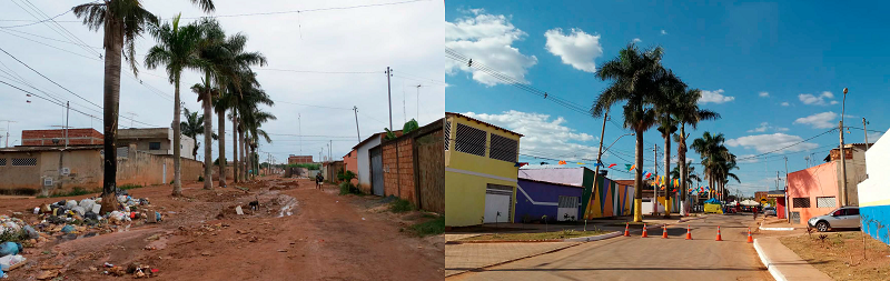 Largo das Palmeiras, no Sol Nascente, antes e depois de revitalização projetada pelos arquitetos e urbanistas do posto de assistência técnica na região